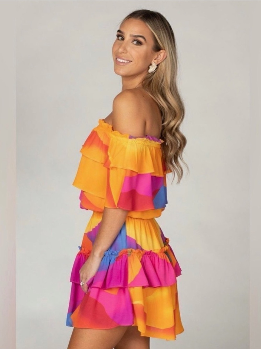 Buddy Love Off-Shoulder Tiered Mini Dress in Yellow, Pink, Blue